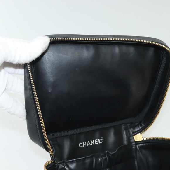 CHANEL Bicolore Vanity Hand Bag Lamb Skin Black Gold CC Auth 139540