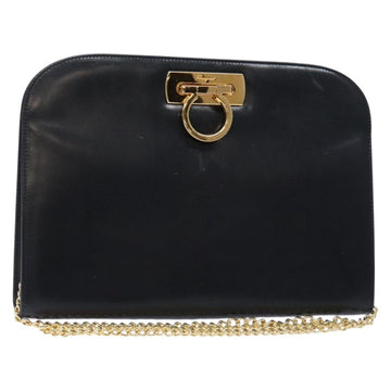 Salvatore Ferragamo Gancini Chain Shoulder Bag Leather Navy Gold Auth 139543