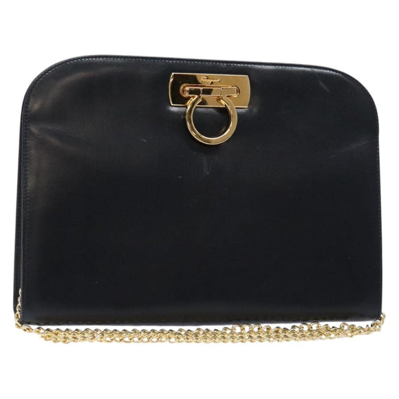 Salvatore Ferragamo Gancini Chain Shoulder Bag Leather Navy Gold Auth 139543