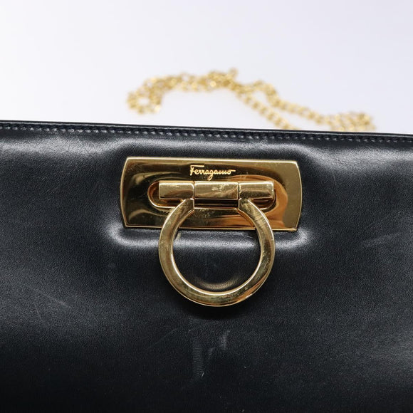 Salvatore Ferragamo Gancini Chain Shoulder Bag Leather Navy Gold Auth 139543