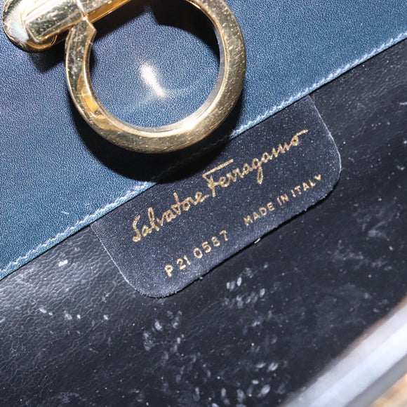 Salvatore Ferragamo Gancini Chain Shoulder Bag Leather Navy Gold Auth 139543