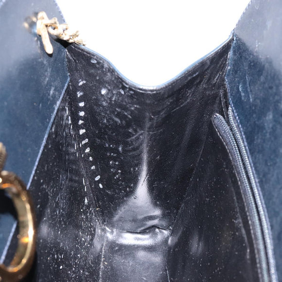 Salvatore Ferragamo Gancini Chain Shoulder Bag Leather Navy Gold Auth 139543