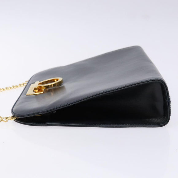 Salvatore Ferragamo Gancini Chain Shoulder Bag Leather Navy Gold Auth 139543