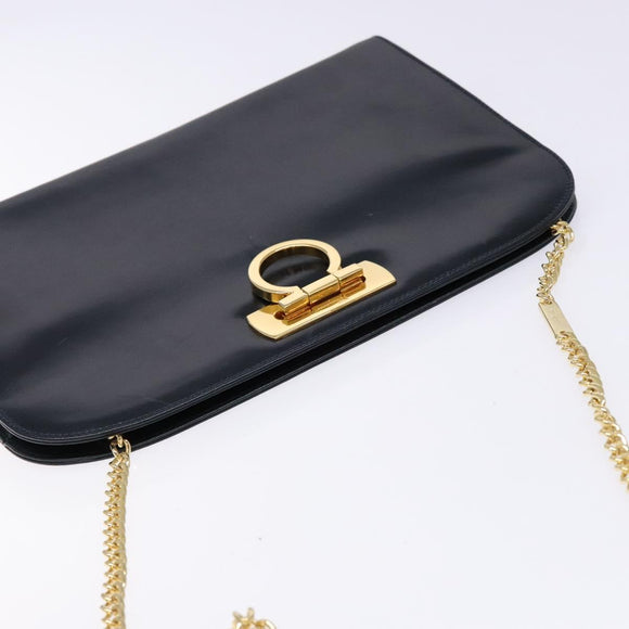 Salvatore Ferragamo Gancini Chain Shoulder Bag Leather Navy Gold Auth 139543