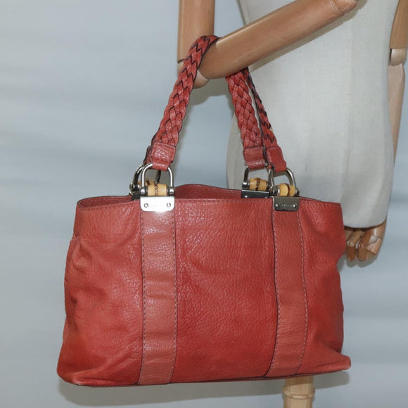 GUCCI Bamboo Tote Bag Leather Red Silver 232947 Auth 139547
