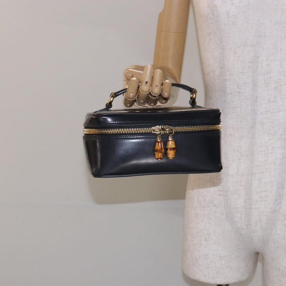 GUCCI Bamboo Vanity Hand Bag Patent leather Navy Gold 032 1705 0151 Auth 139591