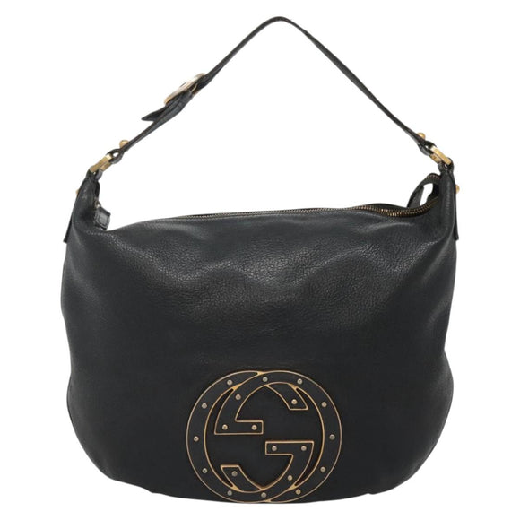 GUCCI Interlocking Shoulder Bag Leather Black Gold 121548 Auth 139643