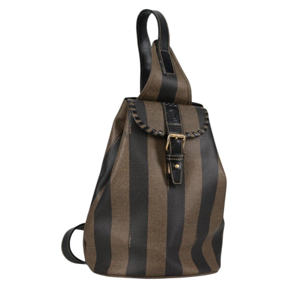 FENDI Pecan Canvas Shoulder Bag PVC Black Brown gold Auth 139699