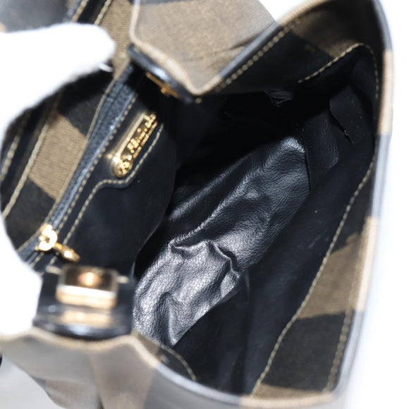 FENDI Pecan Canvas Shoulder Bag PVC Black Brown gold Auth 139699