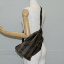 FENDI Pecan Canvas Shoulder Bag PVC Black Brown gold Auth 139699-24