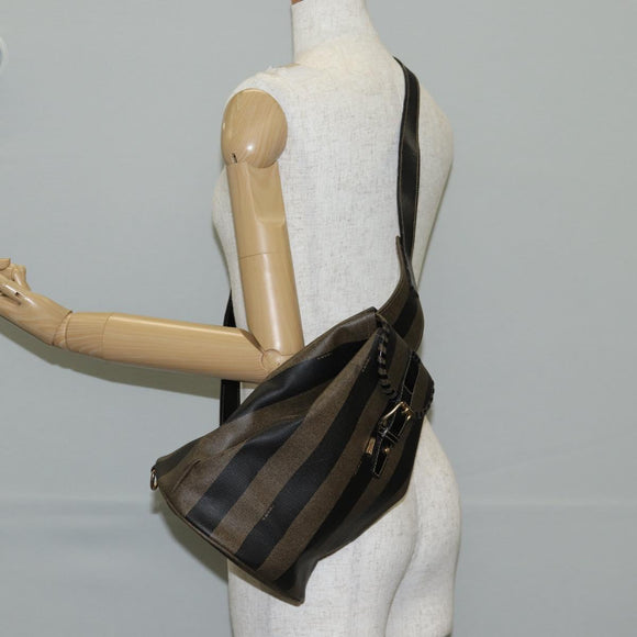 FENDI Pecan Canvas Shoulder Bag PVC Black Brown gold Auth 139699