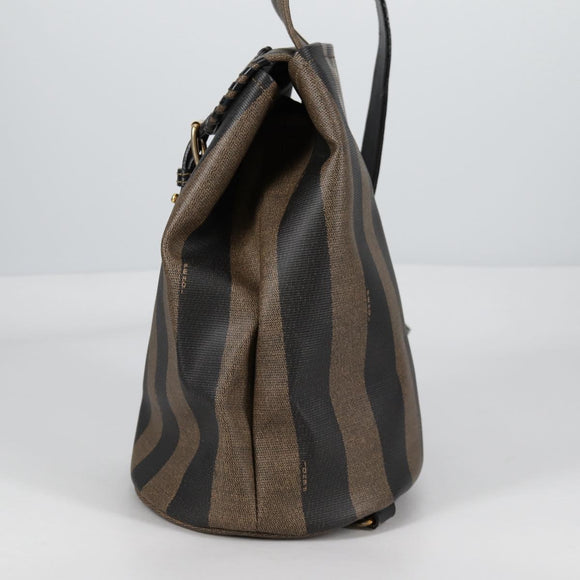 FENDI Pecan Canvas Shoulder Bag PVC Black Brown gold Auth 139699