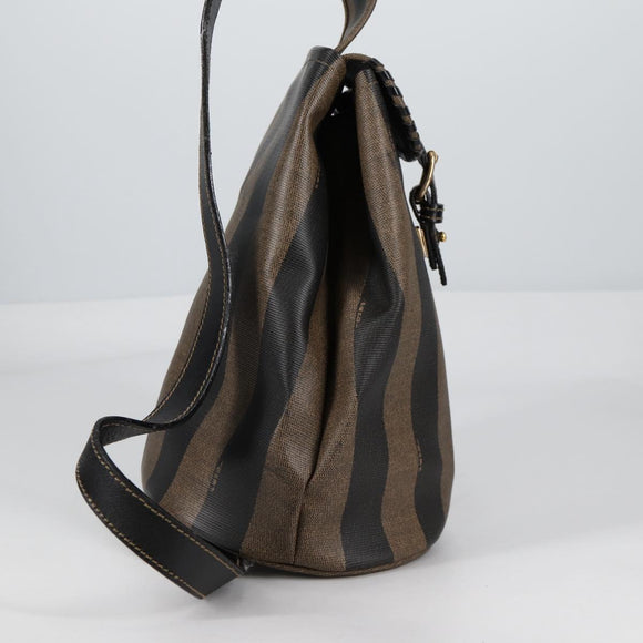 FENDI Pecan Canvas Shoulder Bag PVC Black Brown gold Auth 139699