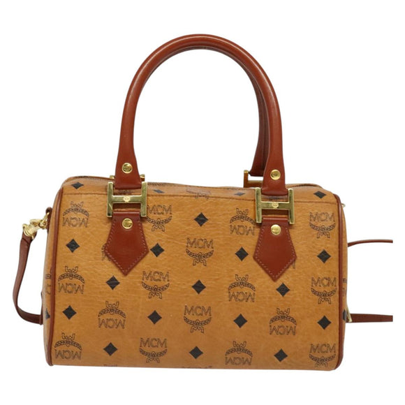 MCM Logogram Vicetos Boston Bag PVC Leather 2way Brown Gold Auth 139728