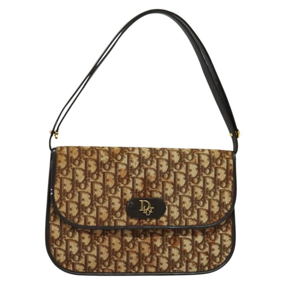 Christian Dior Trotter Canvas Shoulder Bag Brown Gold Auth 139733