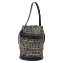 FENDI Zucchino Canvas Shoulder Bag Navy Silver Auth 139734-1