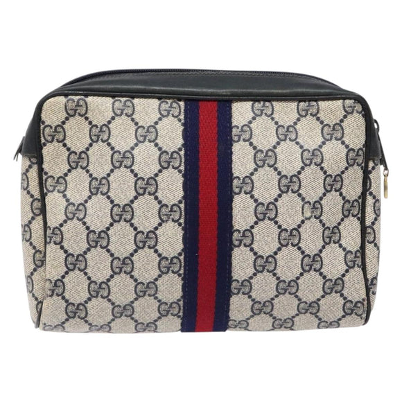 GUCCI GG Supreme Sherry Line Clutch Bag PVC Navy Gold Red Auth 139750