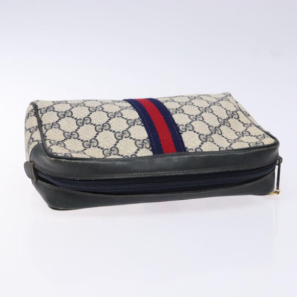 GUCCI GG Supreme Sherry Line Clutch Bag PVC Navy Gold Red Auth 139750