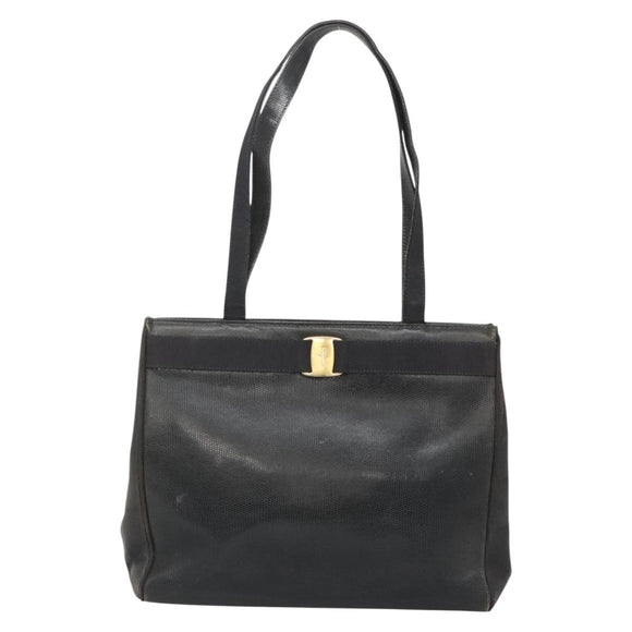 Salvatore Ferragamo Vala Tote Bag Leather Black Gold Auth 139754