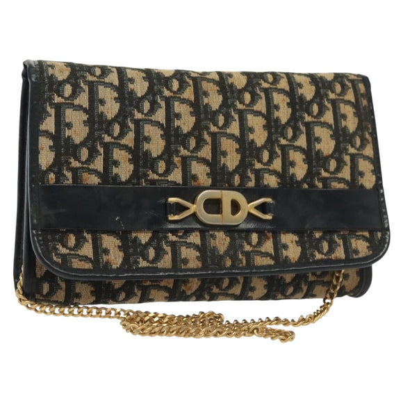 Christian Dior Trotter Canvas Chain Shoulder Bag Navy Gold Auth 139814