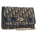 Christian Dior Trotter Canvas Chain Shoulder Bag Navy Gold Auth 139814-1