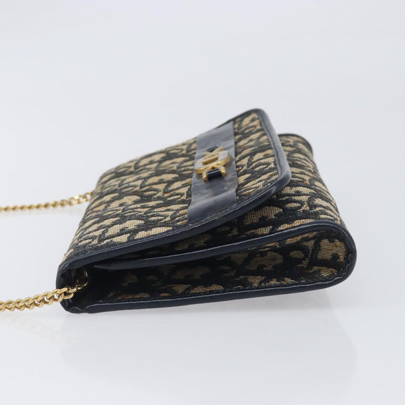 Christian Dior Trotter Canvas Chain Shoulder Bag Navy Gold Auth 139814