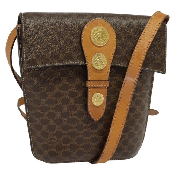 CELINE Macadam Canvas Shoulder Bag PVC Leather Brown Gold Auth 139816