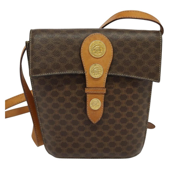 CELINE Macadam Canvas Shoulder Bag PVC Leather Brown Gold Auth 139816