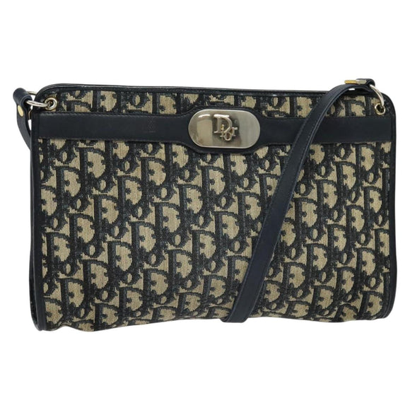 Christian Dior Trotter Canvas Shoulder Bag Navy Gold Auth 139847