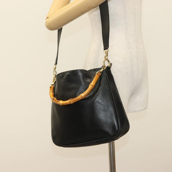 GUCCI Bamboo Shoulder Bag Leather 2way Black Gold 001 1638 Auth 139908