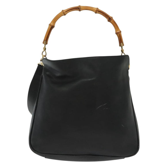 GUCCI Bamboo Shoulder Bag Leather 2way Black Gold 001 1638 Auth 139908