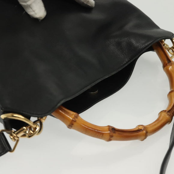 GUCCI Bamboo Shoulder Bag Leather 2way Black Gold 001 1638 Auth 139908