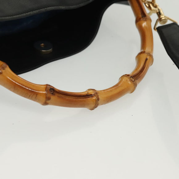 GUCCI Bamboo Shoulder Bag Leather 2way Black Gold 001 1638 Auth 139908