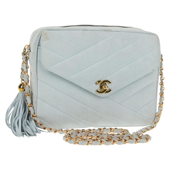 CHANEL Bias Stitch Chain Shoulder Bag Suede Light Blue Gold CC Auth 139935A