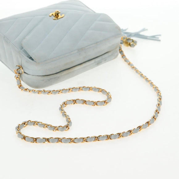 CHANEL Bias Stitch Chain Shoulder Bag Suede Light Blue Gold CC Auth 139935A