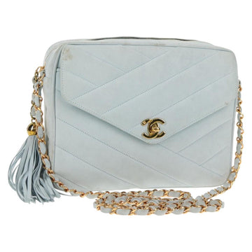 CHANEL Bias Stitch Chain Shoulder Bag Suede Light Blue Gold CC Auth 139935V