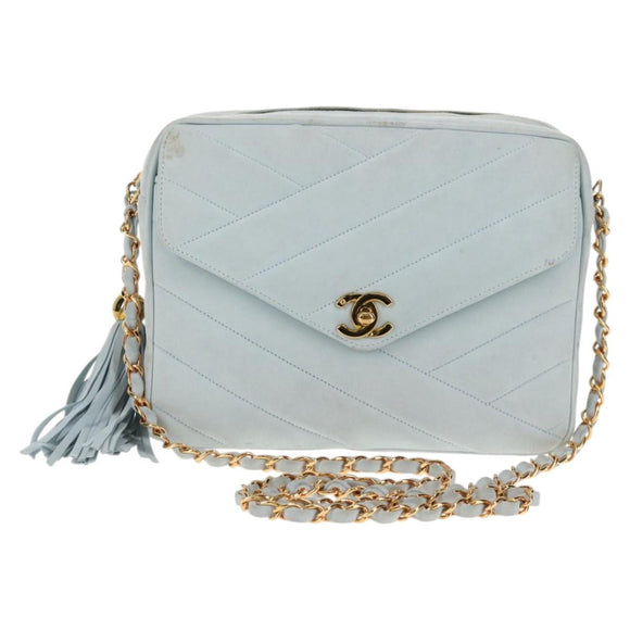 CHANEL Bias Stitch Chain Shoulder Bag Suede Light Blue Gold CC Auth 139935A