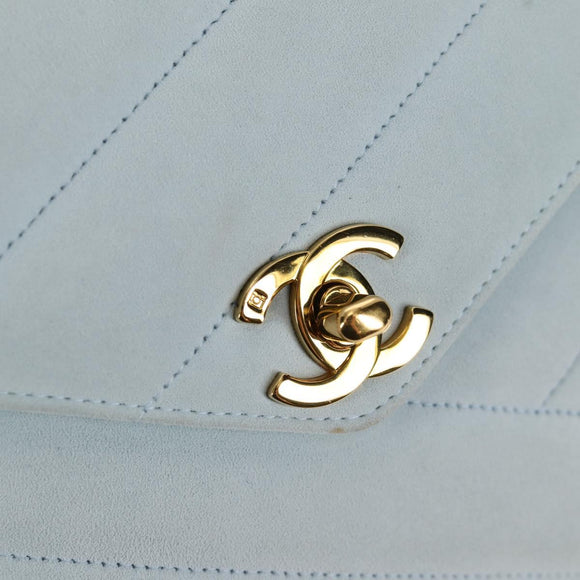 CHANEL Bias Stitch Chain Shoulder Bag Suede Light Blue Gold CC Auth 139935A