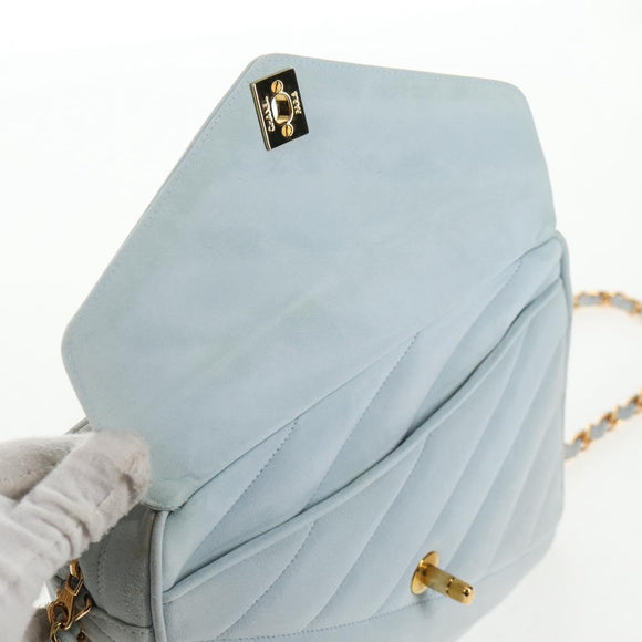 CHANEL Bias Stitch Chain Shoulder Bag Suede Light Blue Gold CC Auth 139935A