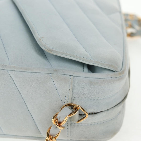 CHANEL Bias Stitch Chain Shoulder Bag Suede Light Blue Gold CC Auth 139935A