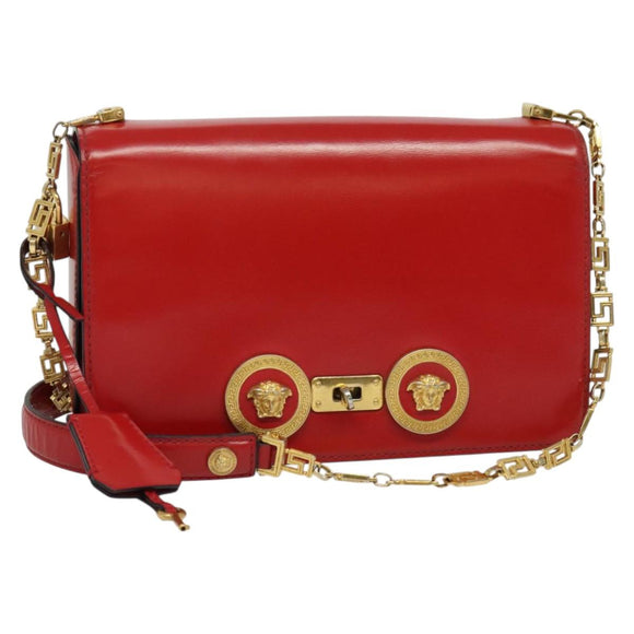 VERSACE Chain Shoulder Bag Leather Red Gold Auth 139943
