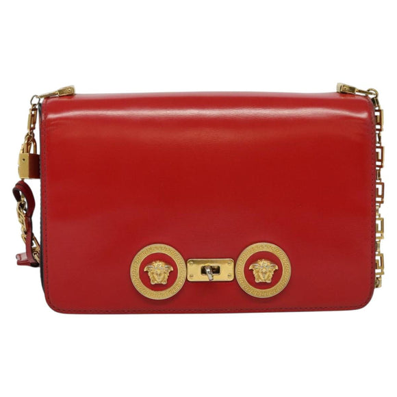 VERSACE Chain Shoulder Bag Leather Red Gold Auth 139943