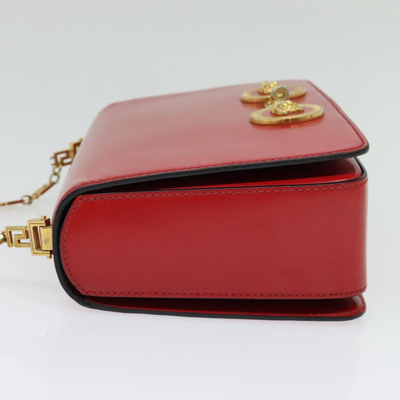 VERSACE Chain Shoulder Bag Leather Red Gold Auth 139943