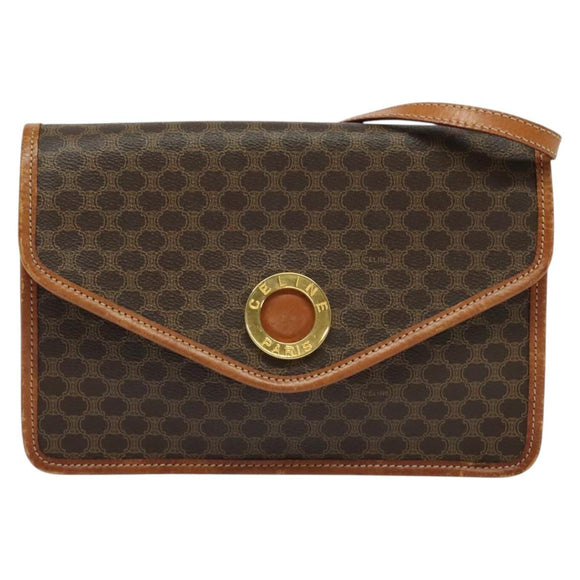 CELINE Macadam Canvas Shoulder Bag PVC Leather Brown Gold Auth 139945