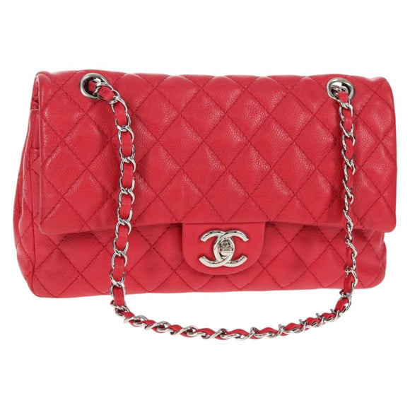 CHANEL Chain Shoulder Bag Caviar Skin Red Silver CC Auth 139978M