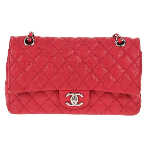 CHANEL Chain Shoulder Bag Caviar Skin Red Silver CC Auth 139978SM