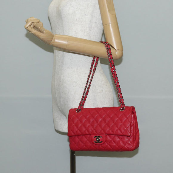CHANEL Chain Shoulder Bag Caviar Skin Red Silver CC Auth 139978SM