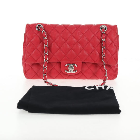 CHANEL Chain Shoulder Bag Caviar Skin Red Silver CC Auth 139978SM