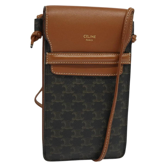 CELINE Triomphe Phone Holder Shoulder Bag PVC Leather Black Auth 139988