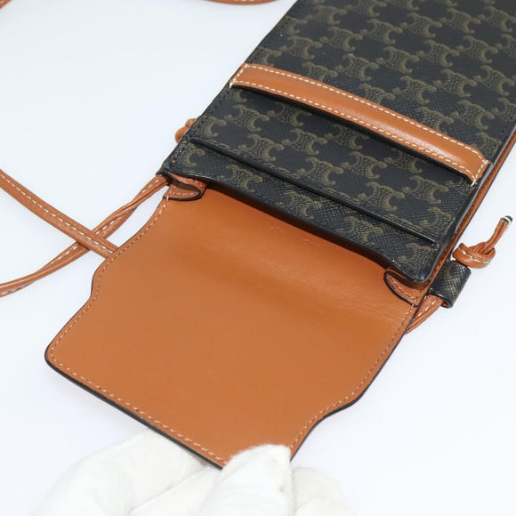 CELINE Triomphe Phone Holder Shoulder Bag PVC Leather Black Auth 139988